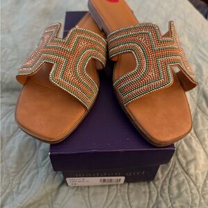 NEVER WORN- Madden Girl Tan and Green Beaded Slide Sandals